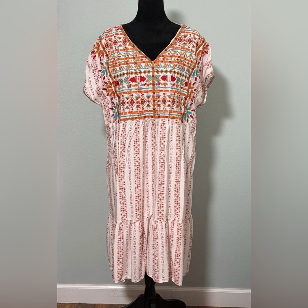 SAVANNA JANE White Brick Aztec Embroidered Maxi Dress- 2X